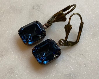 Montana Blue Vintage Octagon Faceted Glass 12 x 10 mm Rhinestone Dangle Earrings