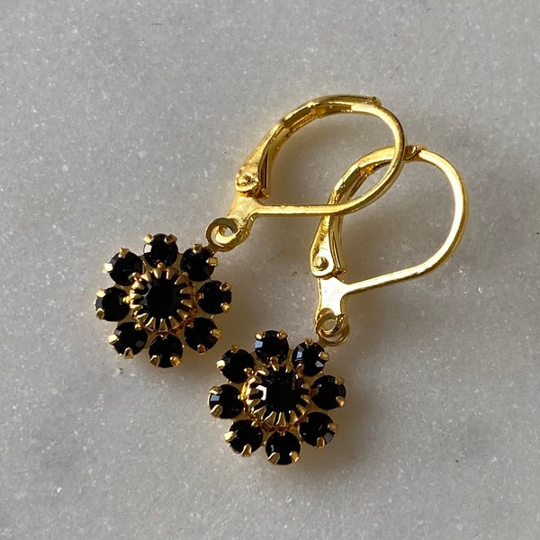 Jet Black Rhinestone Swarovski Crystal Flower Drop Earrings
