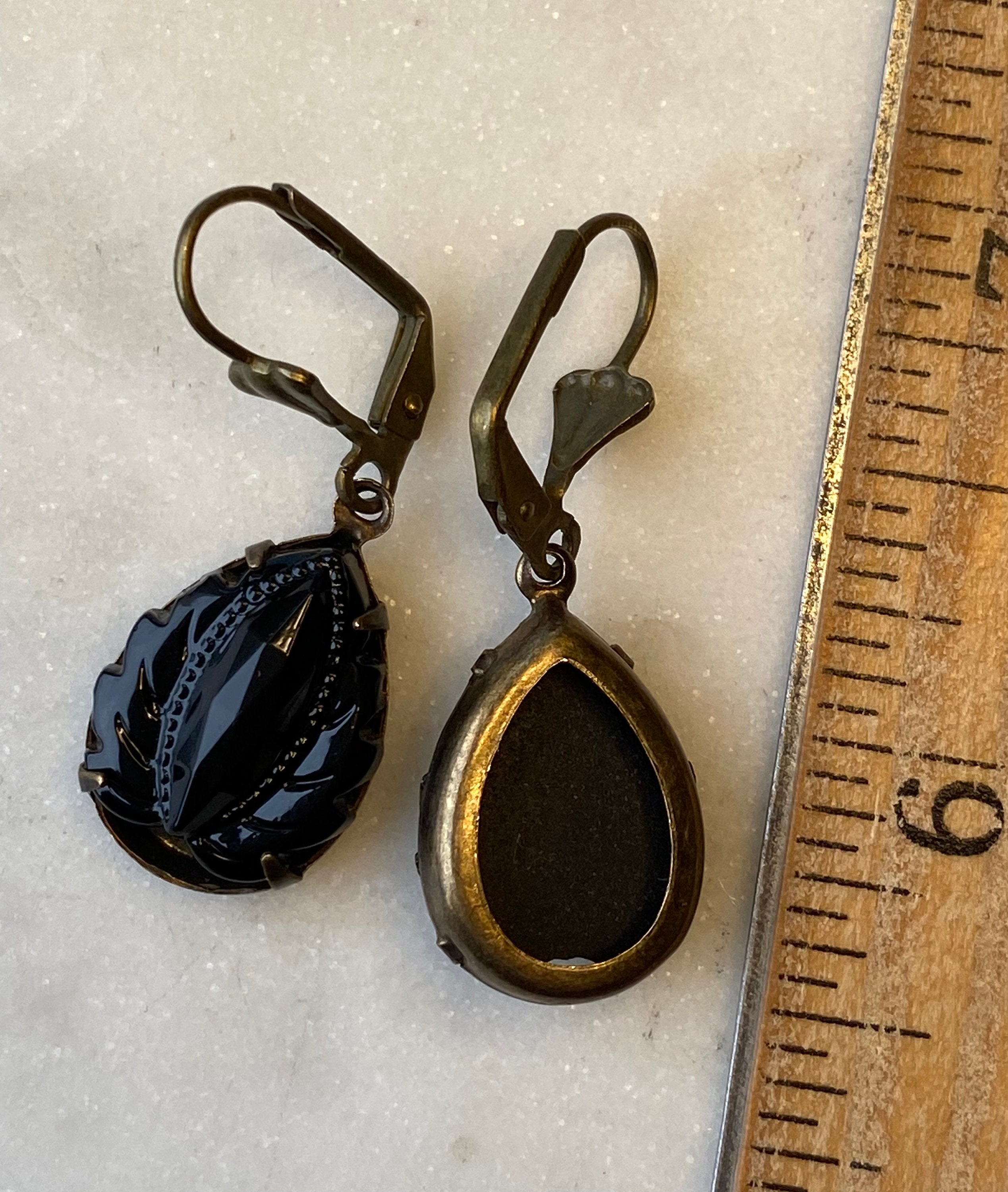 Vintage West German Jet Black Onyx  Leaf 18 x 13 mm Faceted Glass Earrings
