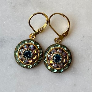 Swarovski Peridot and Aurora Borealis or AB Three Layer Rhinestone Crystal Drop Earrings image 2