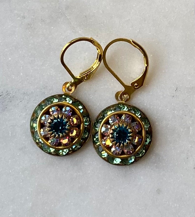 Swarovski Peridot and Aurora Borealis or AB Three Layer Rhinestone Crystal Drop Earrings image 2