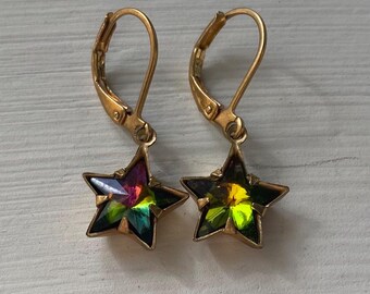 Vintage 10mm Swarovski Vitrail Medium Aurora Borealis or AB crystal stars with silver foil back Rhinestone Brass Celestial Star Earrings.