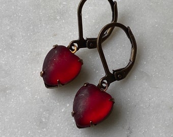 Vintage Blood Red Matte Frosted Glowing Red Glass Heart Earrings