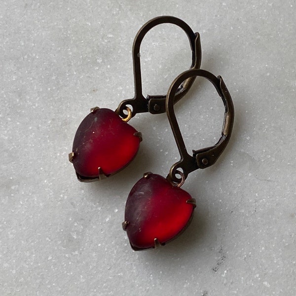 Blood Red Matte Frosted Glowing Red Glass Heart Earrings