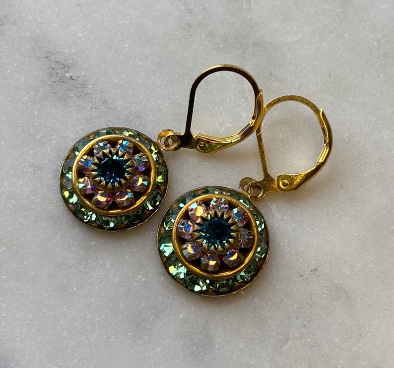 Swarovski Peridot and Aurora Borealis or AB Three Layer Rhinestone Crystal Drop Earrings image 4