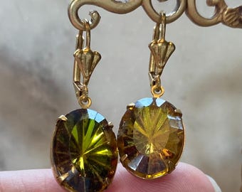 18 x 13 mm Vintage Western German Oval Helio volcano gold cabochon Faceted Crystal Rhinestone Dangle Earrings with sunburst design.