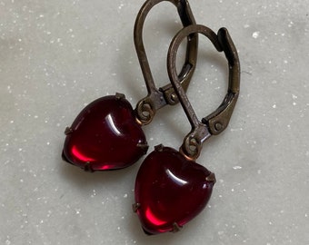 Ruby Red Glass Heart Earrings with Antique Brass or Raw Brass ear wires