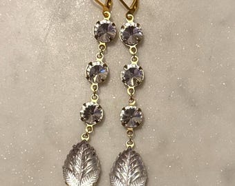 Vintage Rare West German Clear Foil Back Shabby Chic Crystal Long Dangle Earrings