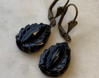 Vintage West German Jet Black Onyx  Leaf 18 x 13 mm Faceted Glass Earrings