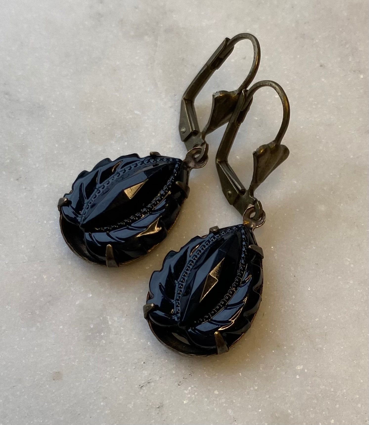 Vintage West German Jet Black Onyx  Leaf 18 x 13 mm Faceted Glass Earrings