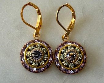 Swarovski Orchid Lavender Combo Three Layer Rhinestone Crystal Drop Earrings