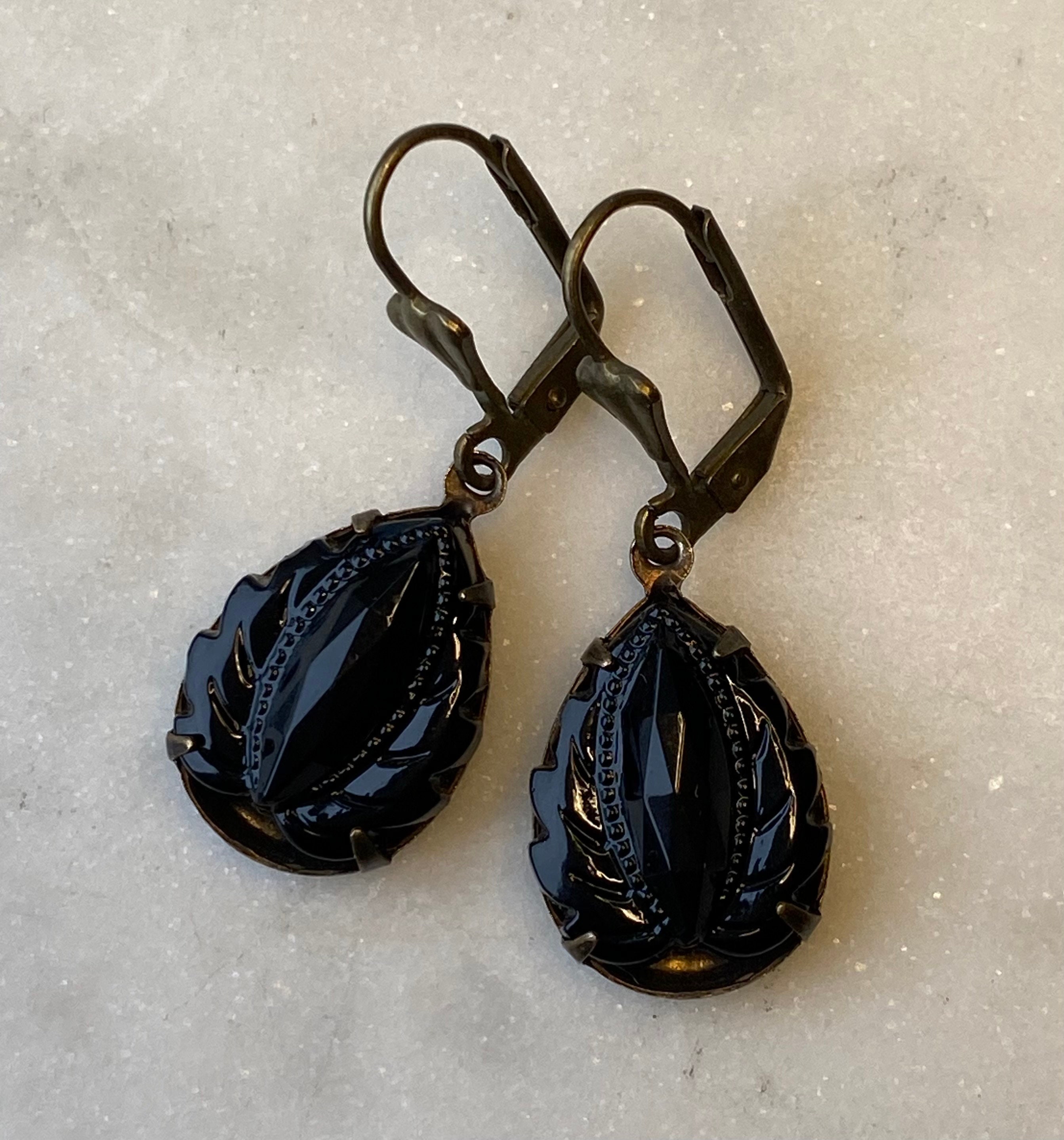 Vintage West German Jet Black Onyx  Leaf 18 x 13 mm Faceted Glass Earrings