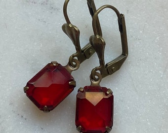 Ruby Red Vintage Rectangle Faceted Glass Rhinestone Dangle Earrings