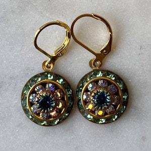 Swarovski Peridot and Aurora Borealis or AB Three Layer Rhinestone Crystal Drop Earrings image 5