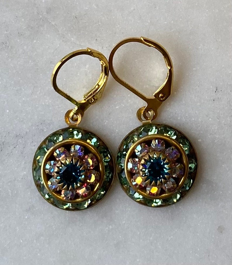 Swarovski Peridot and Aurora Borealis or AB Three Layer Rhinestone Crystal Drop Earrings image 5