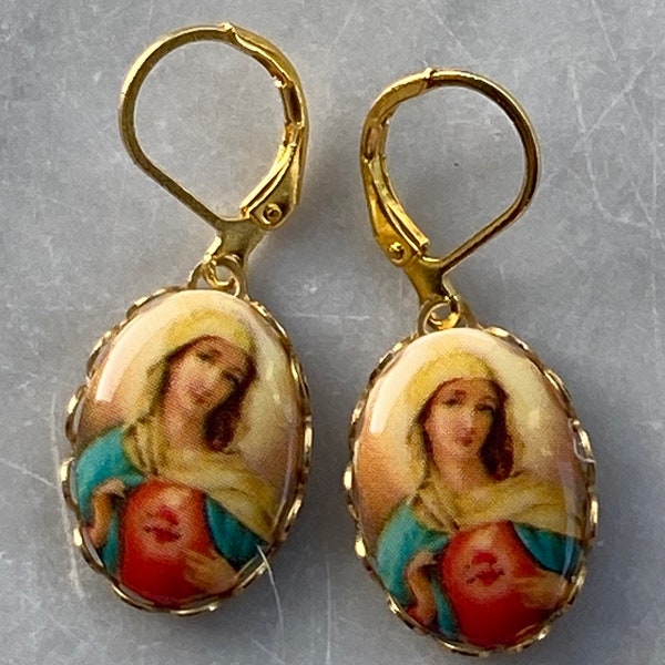 Vintage West German Sacred Heart Religious Dangle Earrings