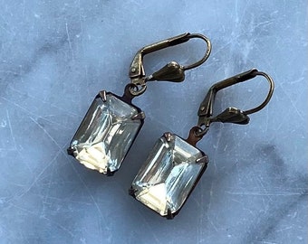 Stunning Clear Vintage Octagon Rectangle Faceted Glass Rhinestone Dangle Earrings