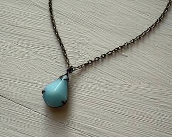Light Aqua Opaque Vintage Glass 13 x 18 mm Pear Prong set in Antique Brass Necklace.