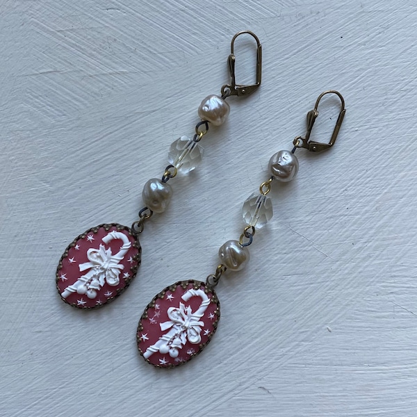 Vintage Candy Cane, Shabby Chic Bumpy Glass Pearl, and Glass Crystal Long Dangle Christmas Holiday Earrings