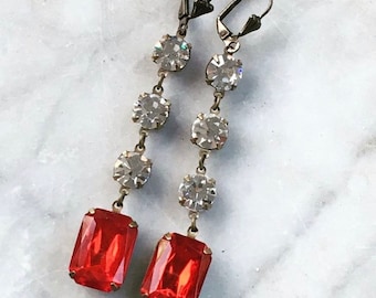 Glamorous Ruby Red Octagon Rhinestone Crystal Long Dangle Earrings with Three Clear Sparkling Faceted Round Crystal Glass Rhinestones