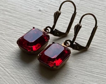 Ruby Red Vintage 10 x 12 mm  Octagon Faceted Glass Rhinestone Dangle Earrings