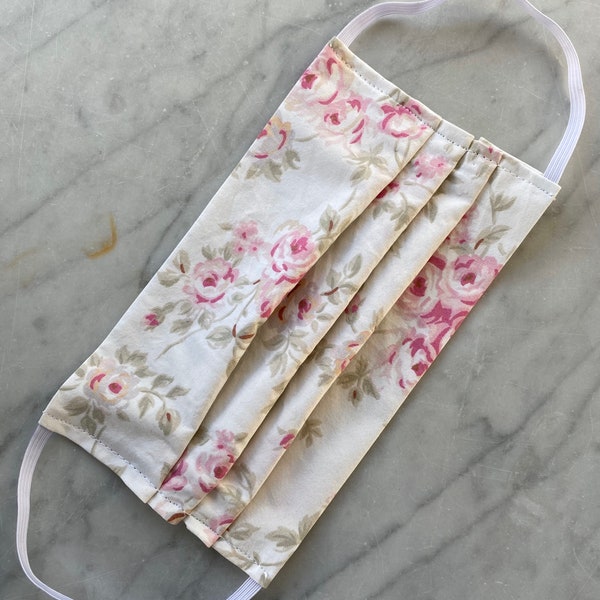 Shabby Chic Shadow Rose Allover Soft Pink Cottage Rose Floral Face Mask with filter pocket, washable