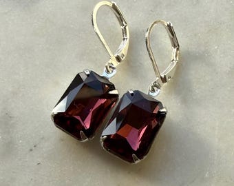 Garnet 10 x 14 mm foil back Octagon Glass Crystal Dangle Earrings