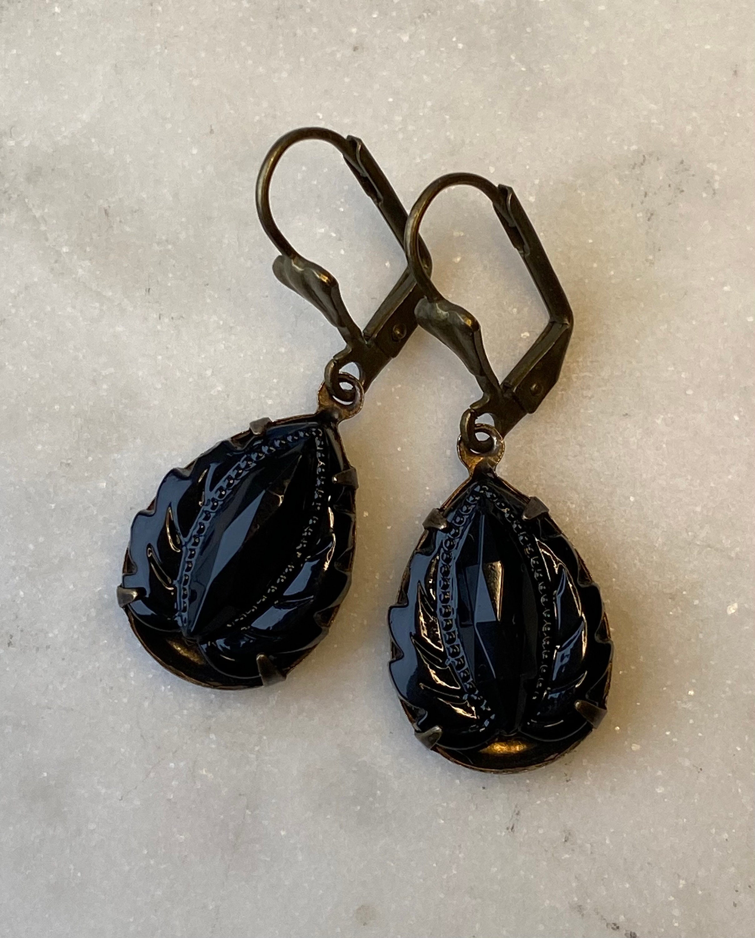 Vintage West German Jet Black Onyx  Leaf 18 x 13 mm Faceted Glass Earrings