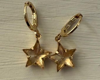 Vintage Inspired 10mm Swarovski clear Crystal Stars Rhinestone Brass Celestial Star Earrings with 18K gold filled huggie hoop ear wires