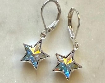 Aurora Borealis or AB Swarovski Crystal 10mm Foil Back Stars set in Silver Plated Brass Celestial Rhinestone Star Earrings.