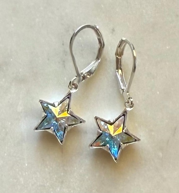 Aurora Borealis or AB Swarovski Crystal 10mm Foil Back Stars set in Silver Plated Brass Celestial Rhinestone Star Earrings.