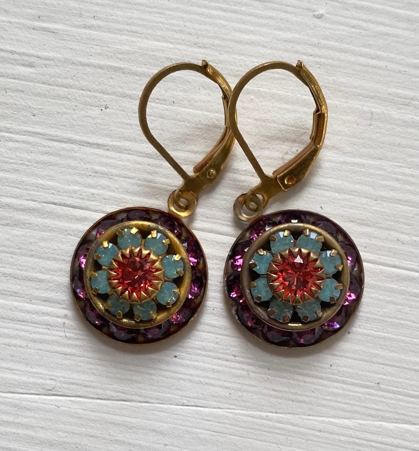 Swarovski Purple, Opal, and Orange Three Layer Rhinestone Crystal Drop Earrings