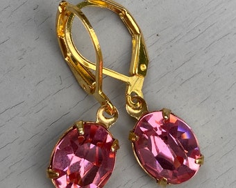 Vintage Swarovski 10 x 8 mm Pink Rose Gold Foiled Crystal Rhinestone Oval Dangle Earrings