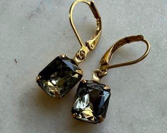 Black Diamond 8 x 10 mm Rectangle Faceted Glass Rhinestone Dangle Earrings