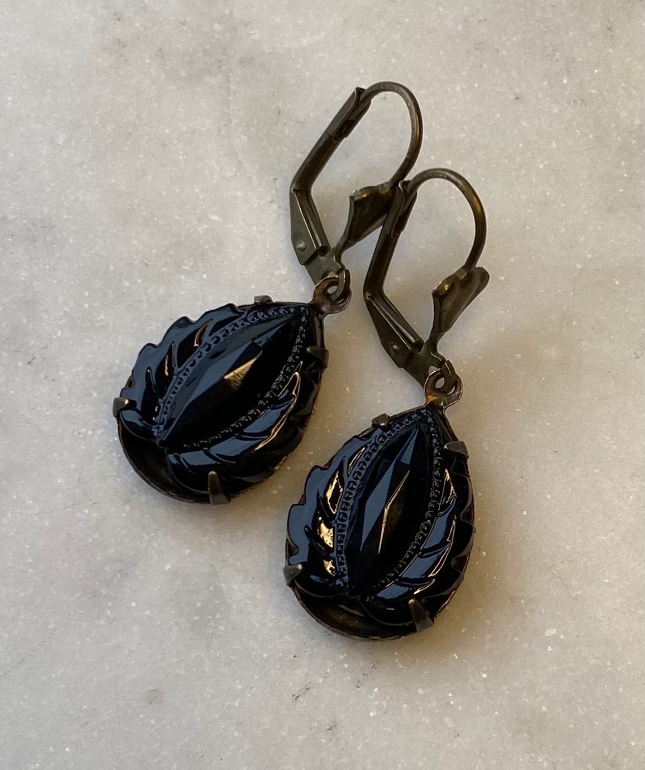 Vintage West German Jet Black Onyx  Leaf 18 x 13 mm Faceted Glass Earrings