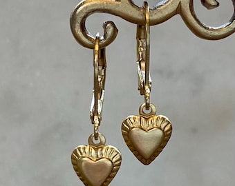 Vintage Tiny Heart Raw Brass Charm Earrings.