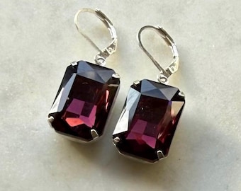 Garnet 13 x 18 mm foil back Octagon Glass Crystal Dangle Earrings
