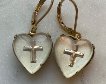 Vintage West German 15x14mm Frosted White and Silver Glass Heart Dangle Earrings with Religious Cross Intaglio. Set in Raw Brass.