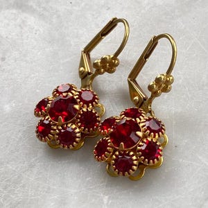 Ruby Red Pomegranate Rhinestone Swarovski Crystal Flower Drop Earrings with raw brass floral or plain lever back ear wires. Luscious!