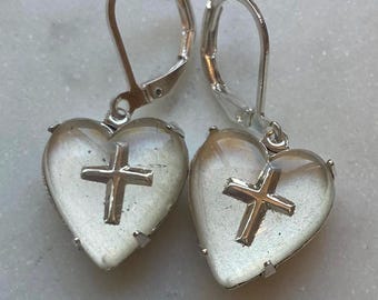 Vintage West German 15x14mm Frosted White and Silver Glass Heart Dangle Earrings with Religious Cross Intaglio set in silver plated settings