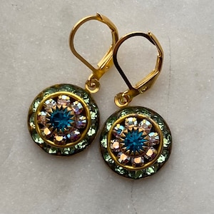 Swarovski Peridot and Aurora Borealis or AB Three Layer Rhinestone Crystal Drop Earrings image 3