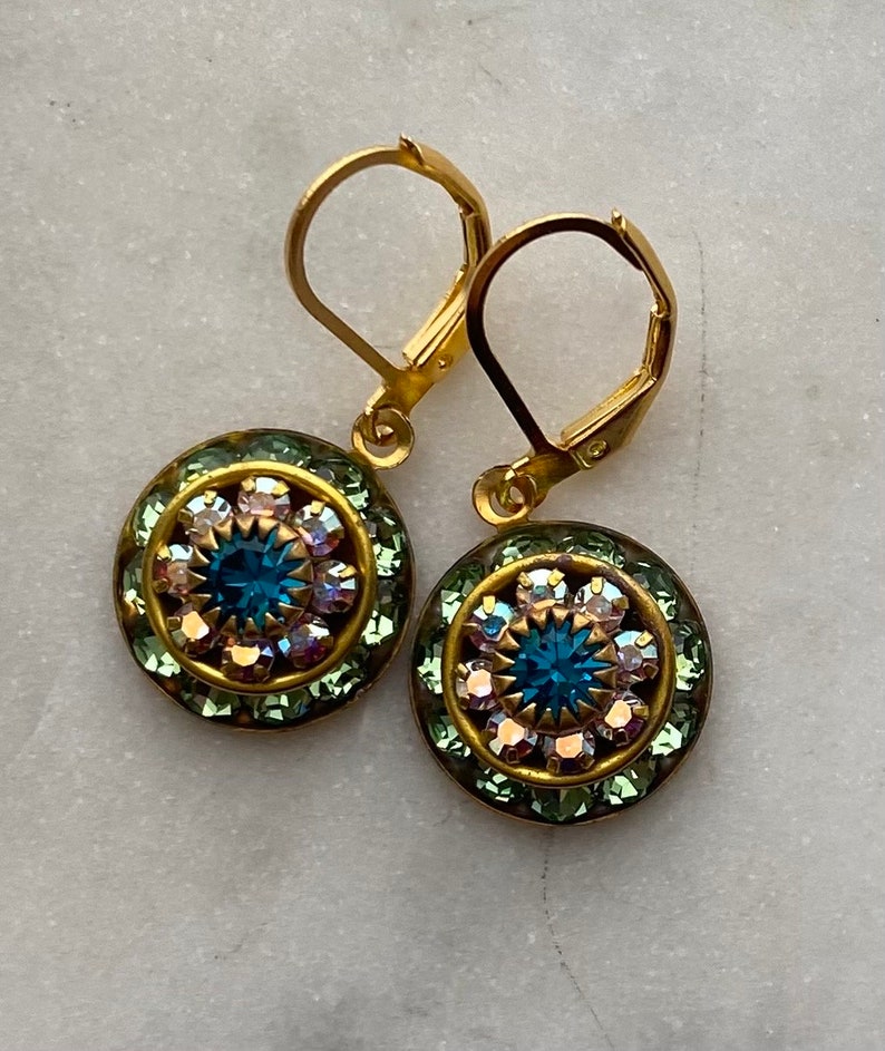 Swarovski Peridot and Aurora Borealis or AB Three Layer Rhinestone Crystal Drop Earrings image 3