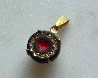 Vintage West German 9 mm Round Black Glass with Red Heart Center and gold detail charm with adjustable bale.