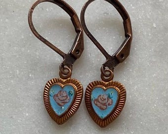 Vintage Tiny Aqua Blue 9 mm Guilloche Painted Pink Rose Enamel Heart Earrings.