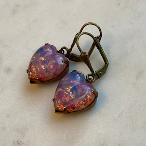 Vintage Pink Harlequin Fire Opal 15 mm Heart Glass Earrings