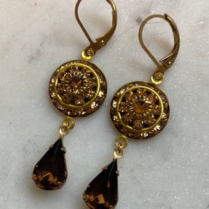 Light Colorado - Champagne Swarovski multi-layered Crystal Raised Drop Earrings with topaz teardrop dangle.