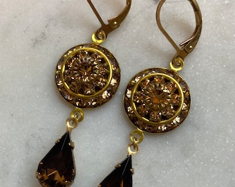 Light Colorado - Champagne Swarovski multi-layered Crystal Raised Drop Earrings with topaz teardrop dangle.