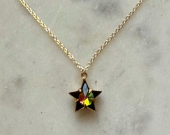 Vitrail Medium Aurora Borealis or AB  star set in raw brass Celestial Star necklace.