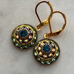 Swarovski Peridot and Aurora Borealis or AB Three Layer Rhinestone Crystal Drop Earrings image 1