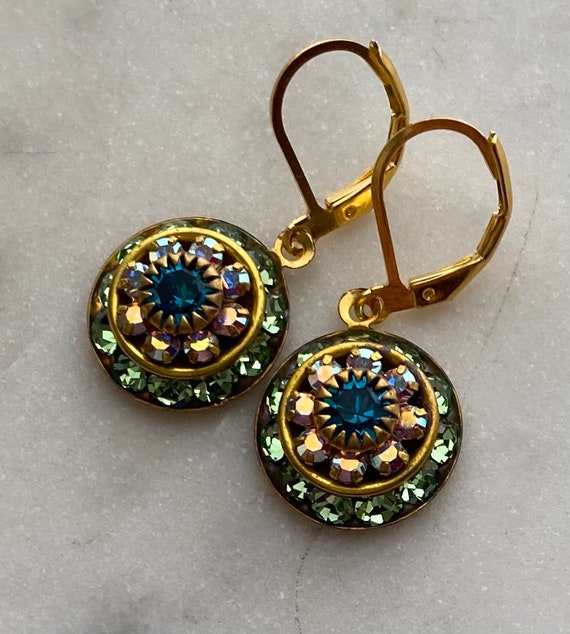 Swarovski Peridot and Aurora Borealis or AB Three Layer Rhinestone Crystal Drop Earrings